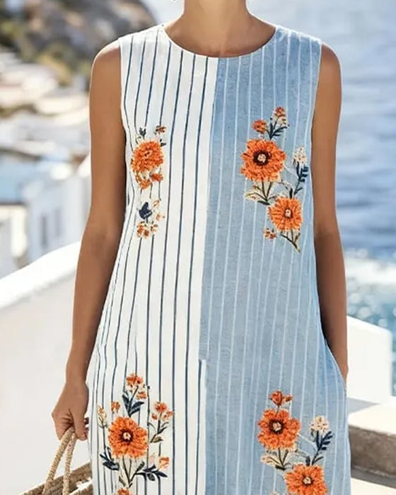 Robe Rayée Fleurie Sans Manches