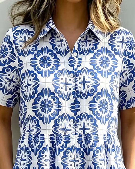 Robe Col Chemise Poche Imprimé