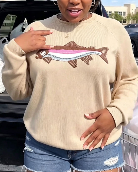 Pullover Col Rond Imprimé Poisson Épaule Tombante