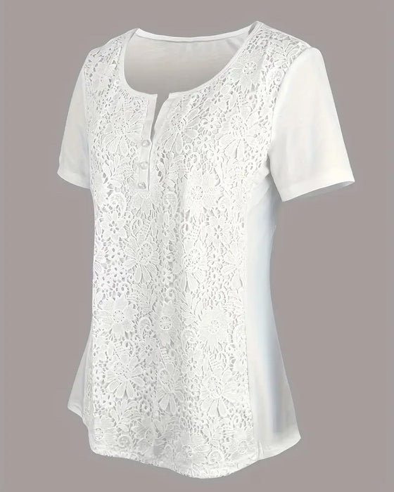 Blouse Col Rond Empiècement Dentelle