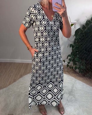 Robe Col V Géométrique Manches Courtes