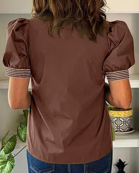 Blouse Col V Manche Bouffante Rayée