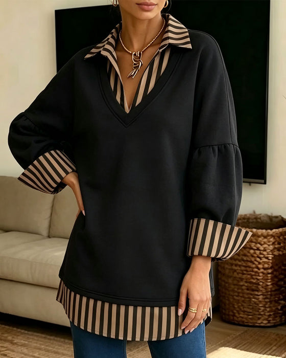 Sweatshirt Revers Rayé Patchwork Lâche