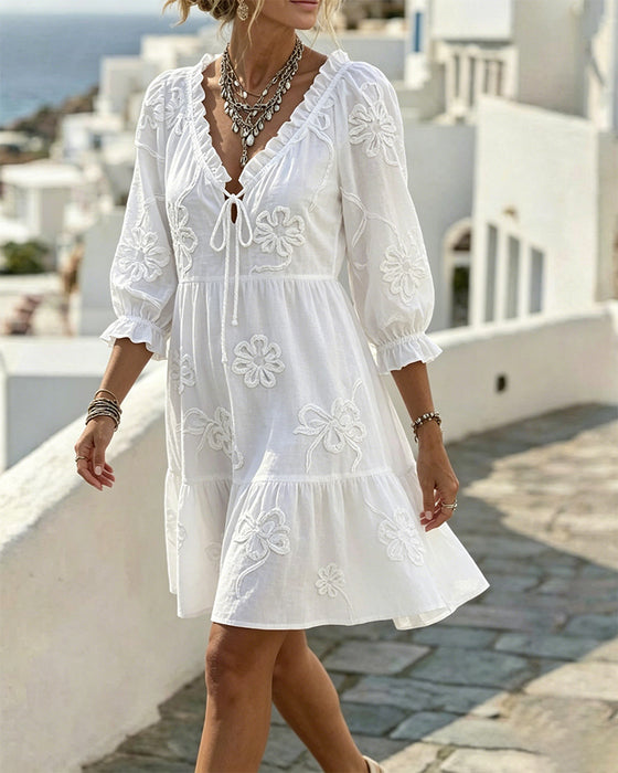 Robe Col V Volant 3D Florale