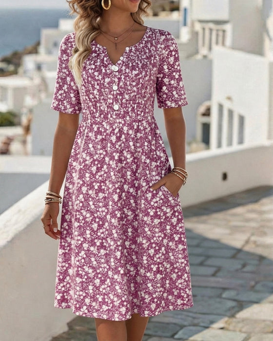 Robe Col V Manches Courtes Fleurie