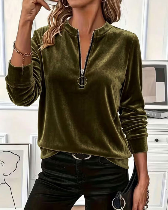 Top Velours Demi-Zip Élégant