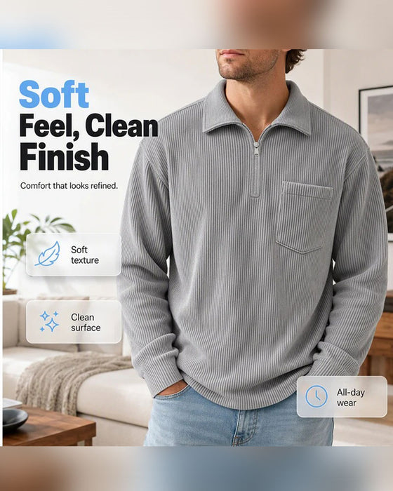 Sweatshirt Côtelé Demi Fermeture Éclair Col Revers Manche Longue