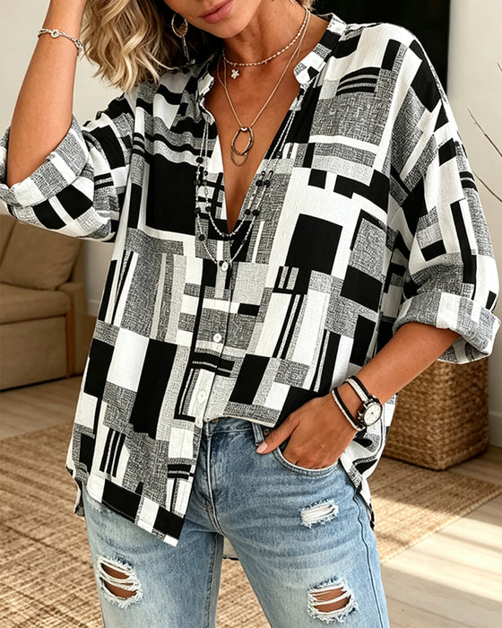 Blouse Imprimé Géométrique Col En V Décontractée