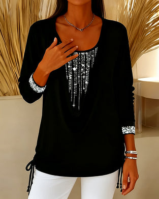 Haut Col Cassé Paillettes Fines Faux Deux-Pièces