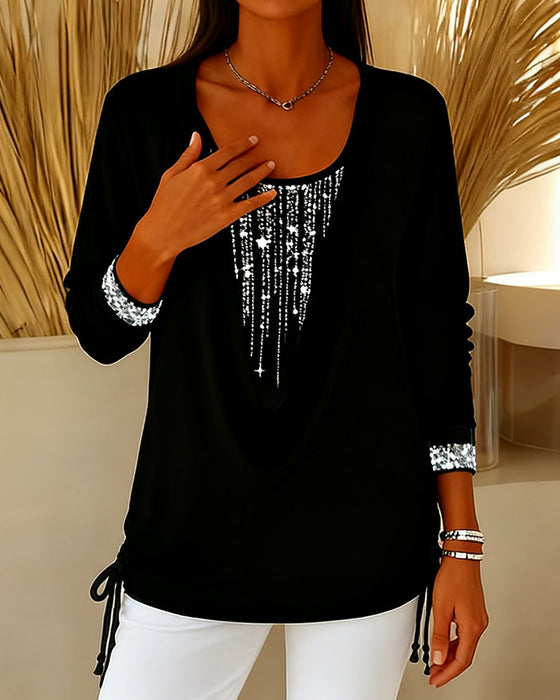 Haut Col Cassé Paillettes Fines Faux Deux-Pièces