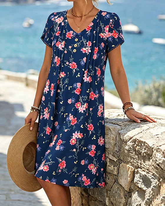 Robe Col V À Fleurs Manches Courtes