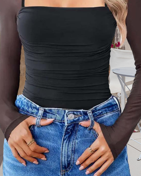 Haut Col Carré Panneau Mesh Manches Longues