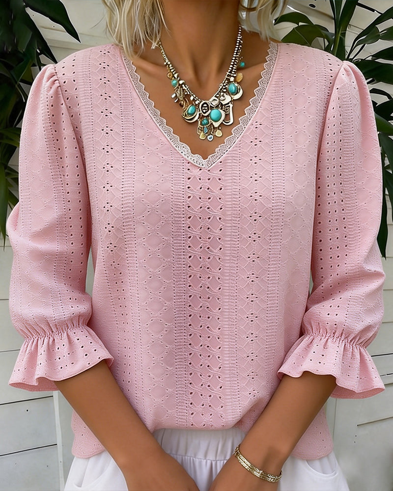 T-shirt Élégant Col V Dentelle Découpe