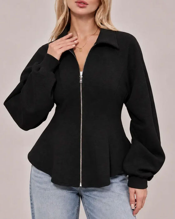 Manteau Revers Fermeture Éclair Taille Plissée