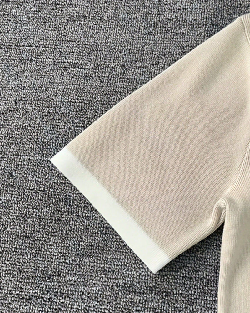 Blouse Contraste De Couleur Revers Manches Courtes