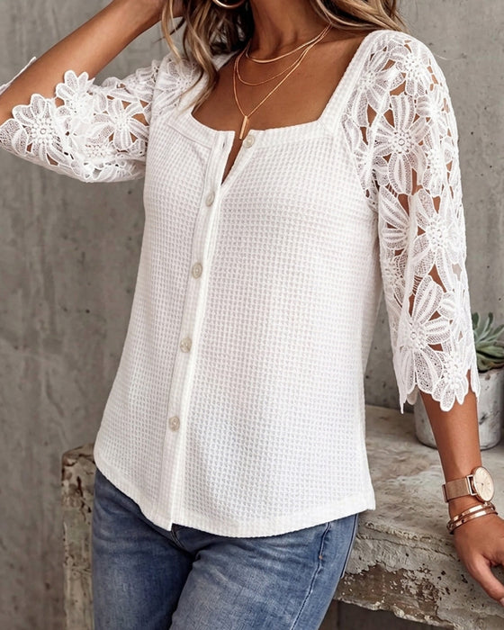 Blouse Dentelle Panneau Jersey Gaufré Bouton-Davant