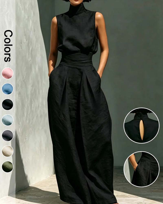 Combinaison Col Haut Sans Manches Large Jambe Taille