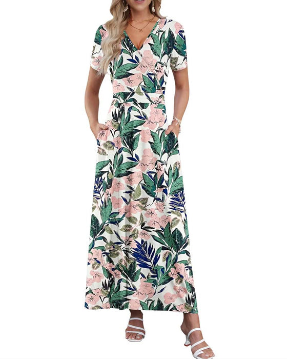 Robe Col V Imprimée À Manches Courtes