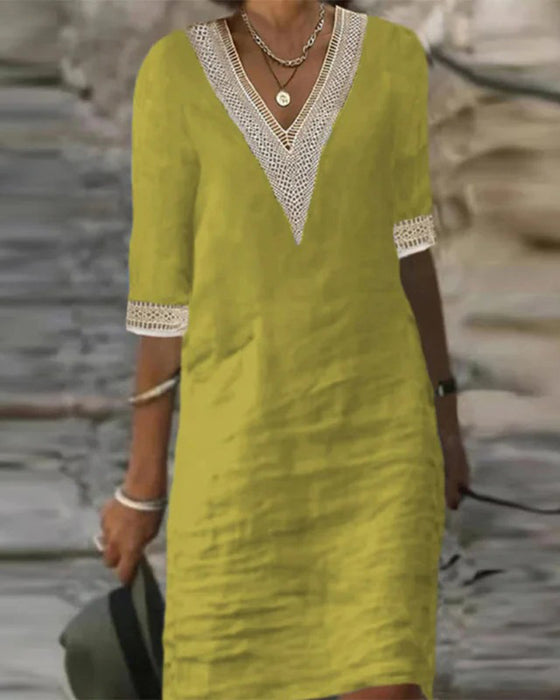 Robe Manche Trois Quarts Col V Dentelle Patchwork