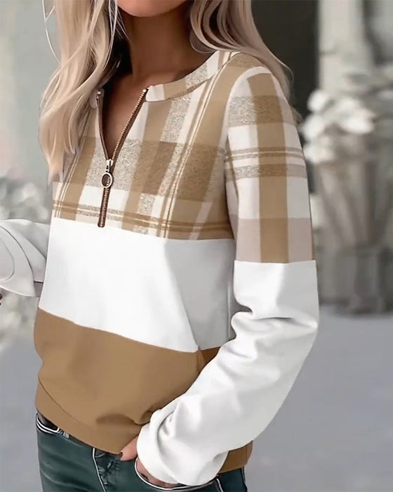 Sweat Décontracté À Carreaux Couleur Contrastée