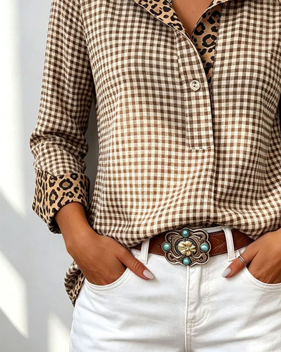 Chemise Plaid Léopard Manches Longues Décontractée