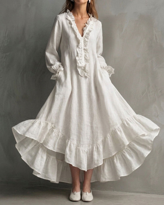 Robe Manches Longues Volant Encolure V Maxi