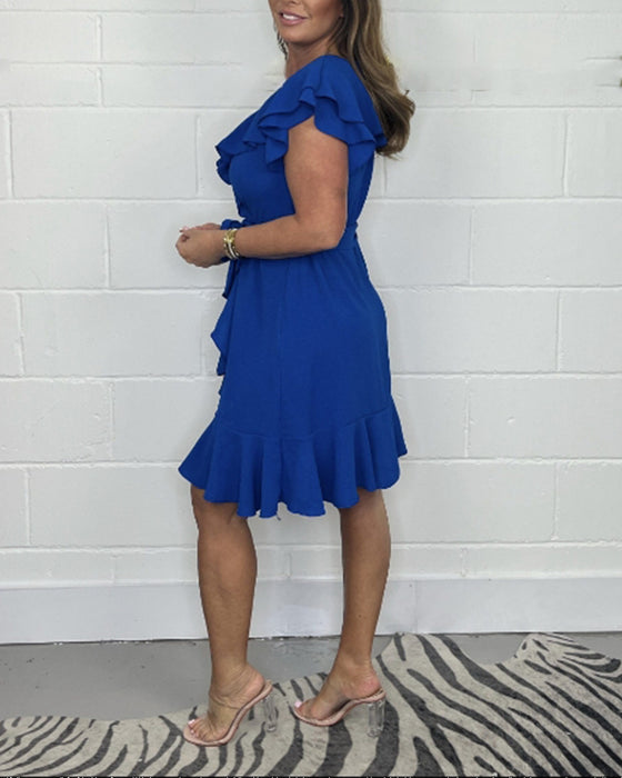 Robe col V couleur unie à volants