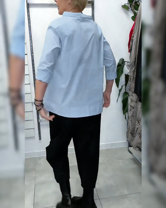 100% Coton Blouse Col Large Couleur Unie Décontracté