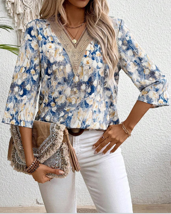 Blouse Col En V Manches Trois-Quarts Imprimé Fleuri