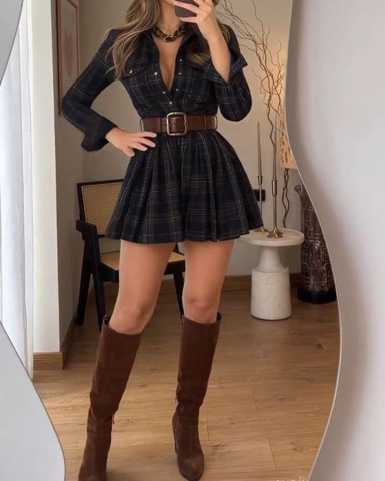 Robe Revers Bouton À Carreaux Chemise