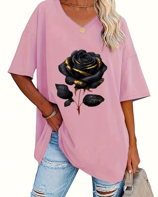 T-Shirt Imprimé Rose Coupe Ample Demi-Manches