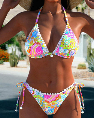 Bikini dos nu en dentelle patchwork imprimé coloré