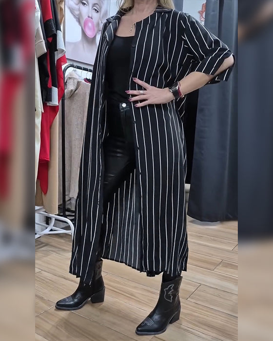 Manteau Chemise Col Bouton Rayé Fente