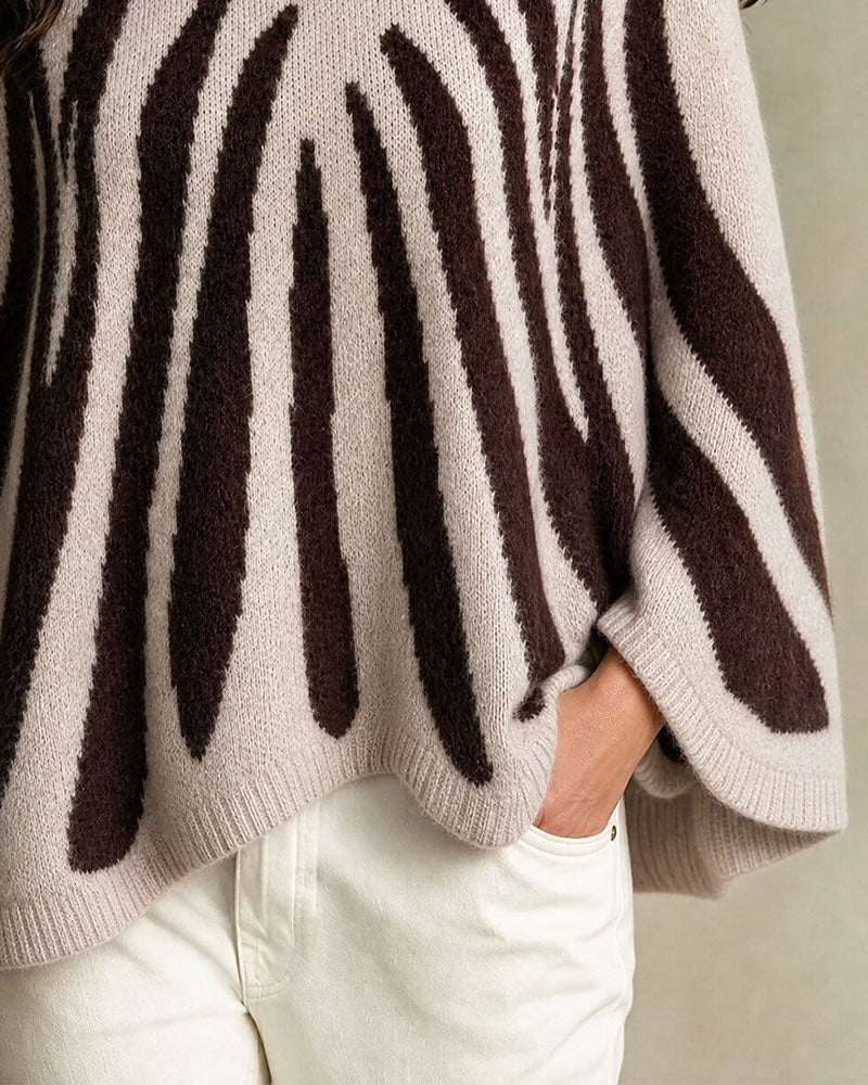 Pullover Col Roulé Bouton Rayé Festonné