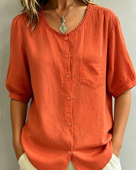 Blouse Volant Garniture Bouton Poche