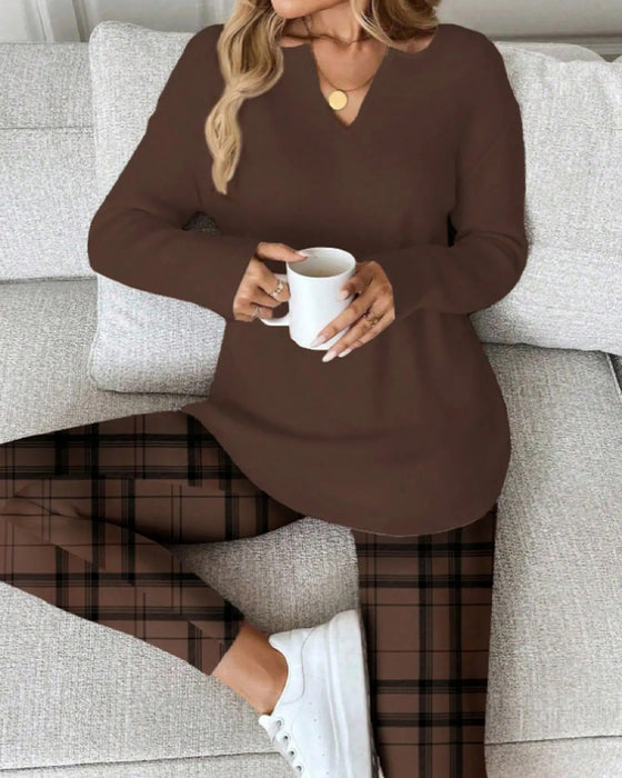 Ensemble Col V Haut Unie + Pantalon Carreau Loungewear