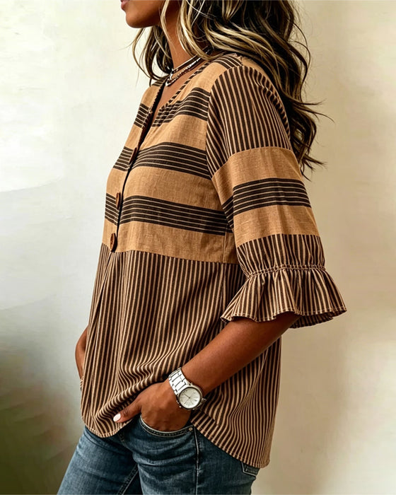 Blouse Col En V Volant Rayé Patchwork
