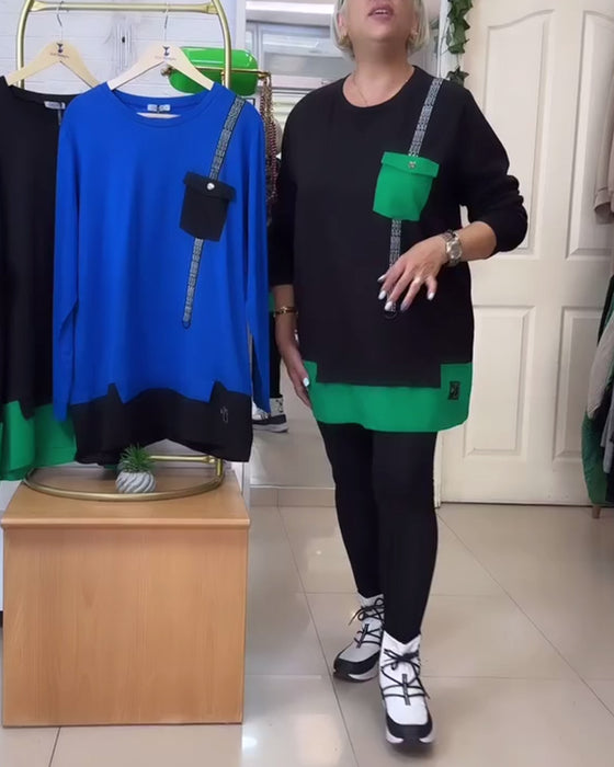 Sweat-shirt décontracté col rond poche couleur contrastée