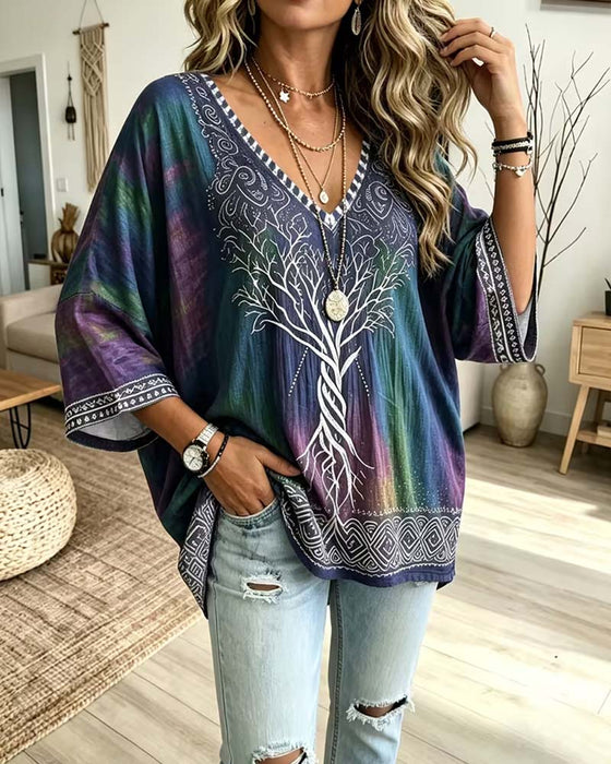 Blouse Col V Ombre Bloc De Couleur