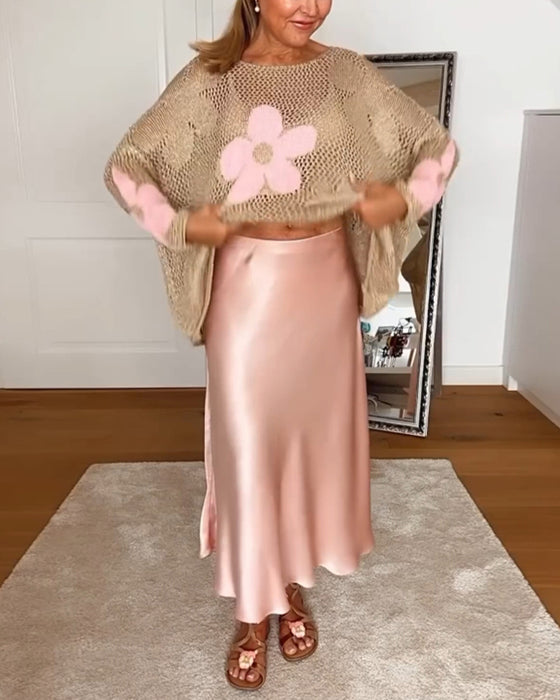 Pull creux décontracté à manches longues et col rond à fleurs