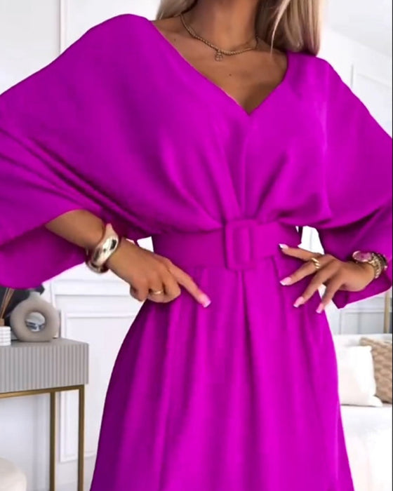 Robe élégante à manches longues fendue à col en V de couleur unie