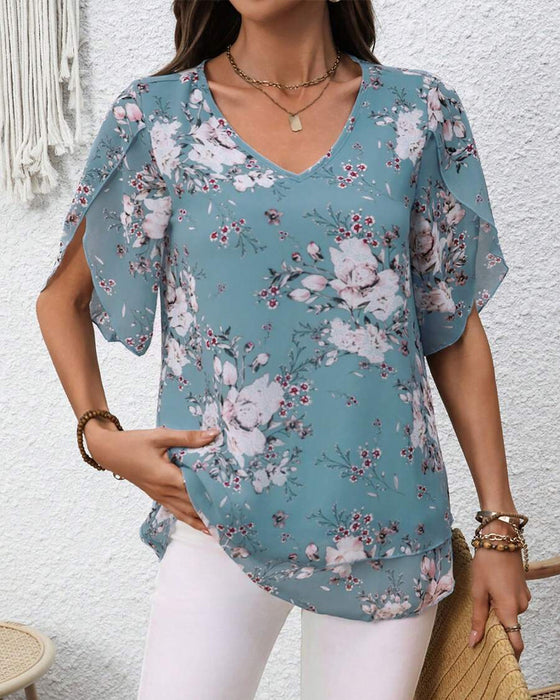 Blouse Manches Pétales Col En V Imprimée