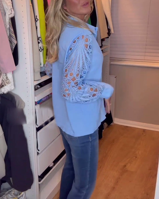 Chemise de couleur unie à manches en dentelle et revers