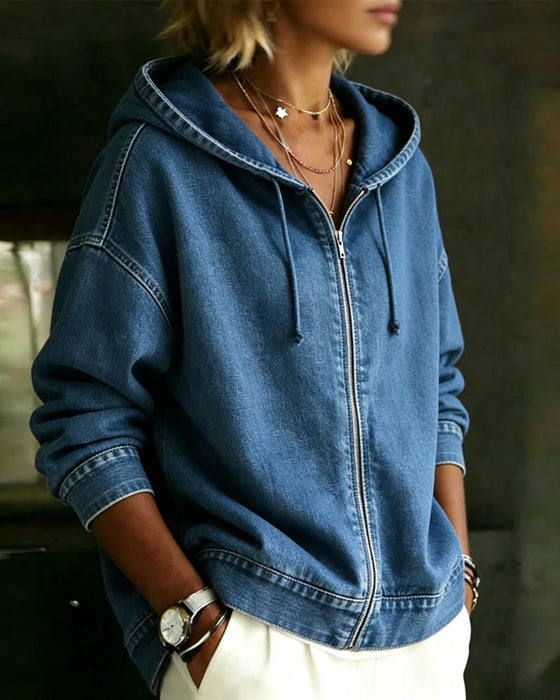 Manteau Capuche Manche Tombante Fermeture Éclair Denim
