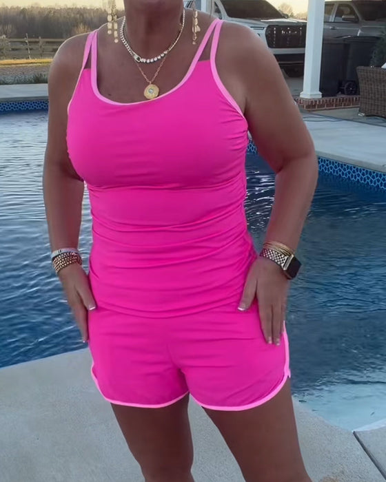 Tankini Avec Contraste De Couleur Passepoil Appliqué
