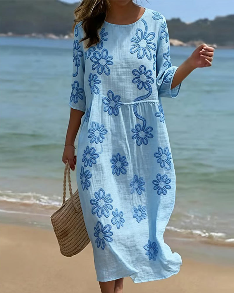 Robe Col Rond Manches Trois Quarts