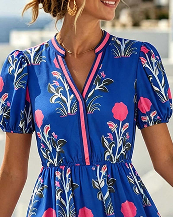 Robe Col-V Manches Bouffantes