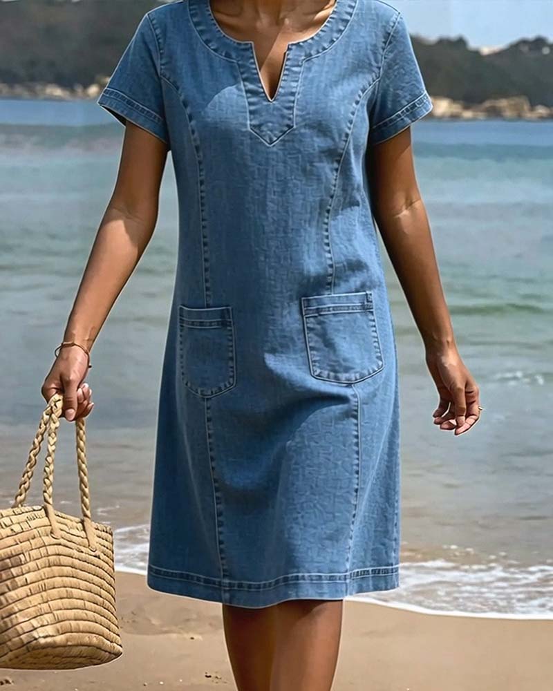 Robe Décontractée Fourreau Poche Petit Col En V