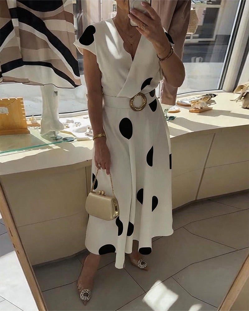 Robe À Pois Col En V Cintrée À La Taille