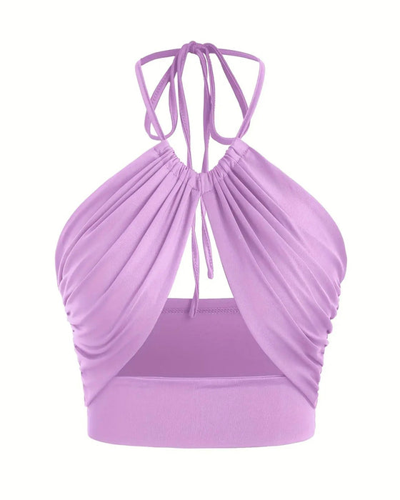 Cami Top Femme Froncé Nœud Dos Col Halter Court